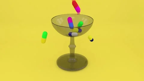 Multicolored shiny capsules of medicines falling into a glass medical bowl. Stock Footage 153305667