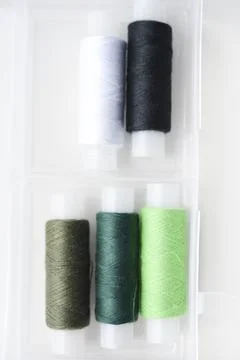 Multicolored skeins of thread in the set. The threads are in a plastic box. 写真素材
