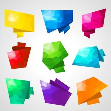 Multicolored speech bubbles with abstract triangular background Illustrazione stock