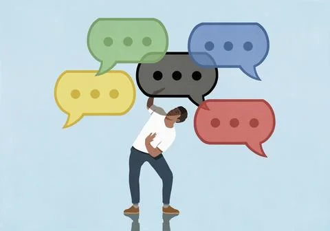 Multicolored speech bubbles with dot dot dot symbol overwhelming man Stock Illustration