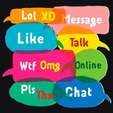 Multicolored speech bubbles with most common used acronyms Multicolored sp... Foto stock