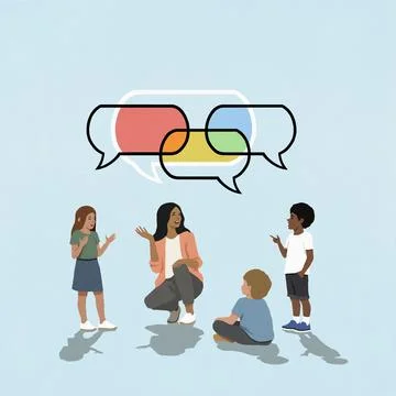 Multicolored speech bubbles overlapping above female teacher and school children Stock Illustration