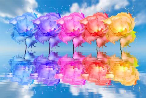 Multicolored splash roses reflected on water Stock Illustration