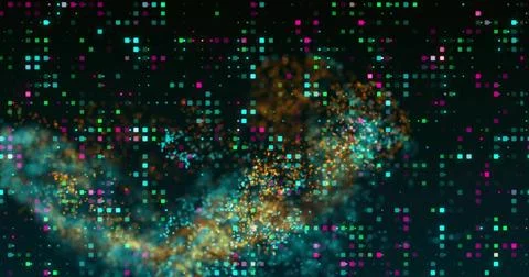 Multicolored square pixels and glowing particles swirling in abstract data Stock Photos