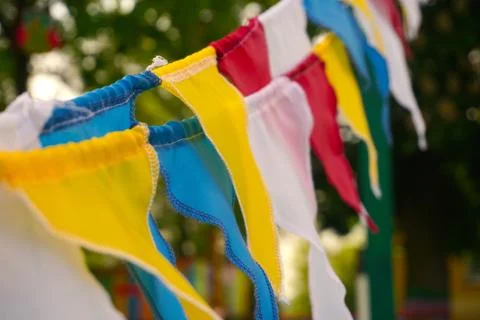 Multicolored striped triangular flags on a two rope, closeup, focus 写真素材