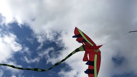 Multicolored tailed kite flying in sky under clouds Stock Footage 97012013