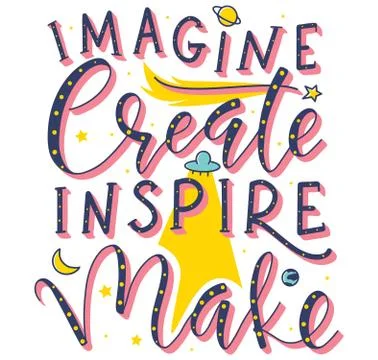 Multicolored text Imagine Create Inspire Make. Colored doodle and lettering Stock Illustration