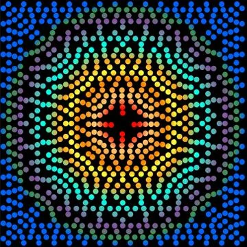 Multicolored tile with dot patterns. Vibrant variegated dots on black background Stock Illustration