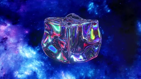 Multicolored transparent ice cube is floating in front of colorful nebula in Stock Footage 296549992