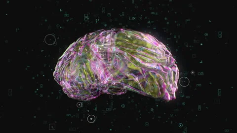 Multicolored transparent rotation human brain at flying cyberspace digital data Stock Footage 189565764