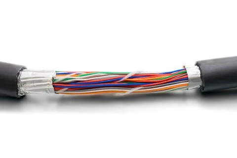 Multicolored trunk cable is torn off.  Multichannel communication line. High  Stock Photos