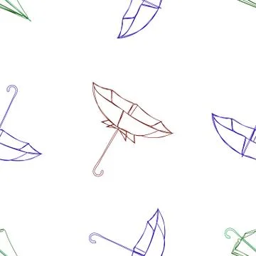 Multicolored umbrellas pattern open, closed and broken by the wind in linear Stock Illustration