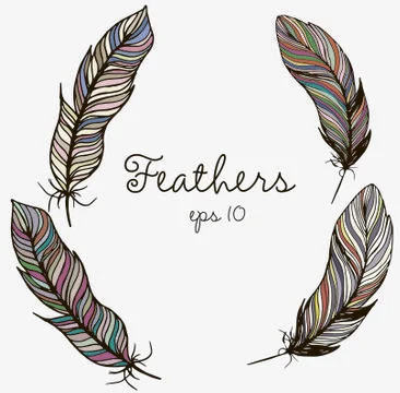 Multicolored vector feathers. Hand-drawn boho artistic illustration for design 스톡 일러스트