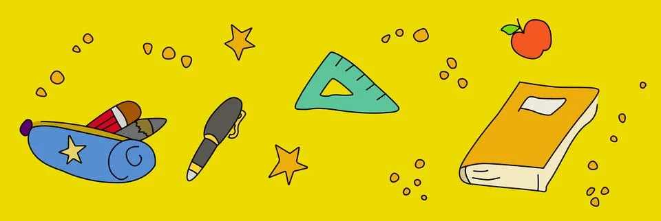 Multicolored vector of school subjects on an yellow background Stock Illustration