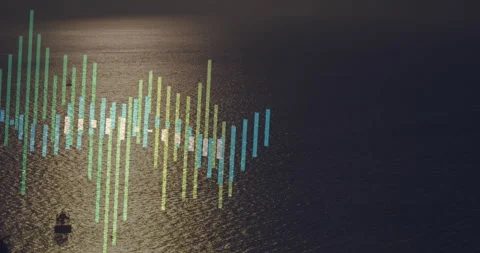 Multicolored waveform bars gliding across golden water, showing floating dock Stock Footage 308025842
