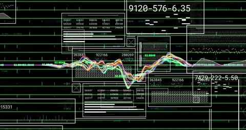 Multicolored waveform diverging from baseline, generating panels and labels to Stock Footage 328577153