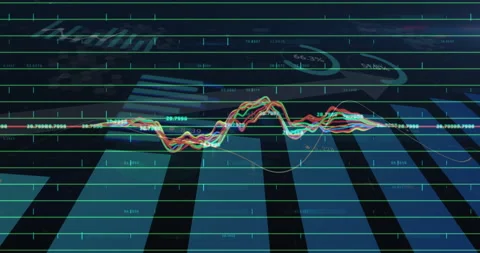 Multicolored waveforms streaming across grid interface, showing vertical bars Stock Footage 307468590