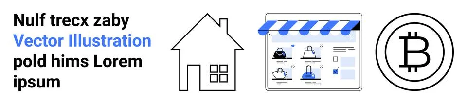 Multicolored webshop interface, simple house shape, and Bitcoin coin icon. Id Stock Illustration