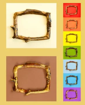 Multicolored wooden frames  in rustic style on bright brown wall. Stock Photos