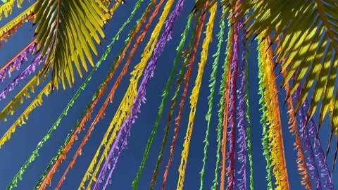 Multicolour ribbons decorating the street in front of blue sky and palm leaves. Video stock 196981374