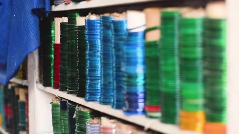 Multicoloured bangles neatly kept in rows at the Bangle Market Stock-Footage 286246790