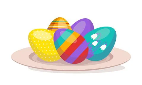 Multicoloured Easter eggs with pattern lie on a plate. Happy Christian religious 스톡 일러스트