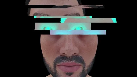 Multicoloured glitch blocks on an image of an abstract man's face rotating Stock Footage 242306081