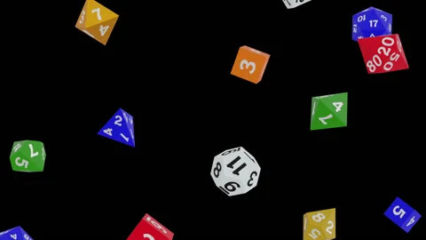 Multicoloured Polyhedral Dice Falling Loop with Alpha Matte Stock Footage 139208534