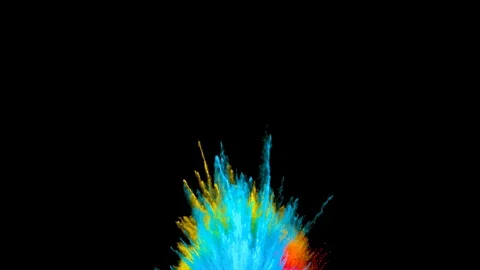 Multicoloured powder explosion. Tricolor burst in vertical motion Stock Footage