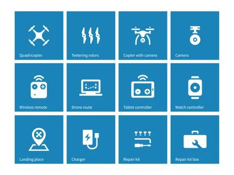 Multicopter drone icons on blue background Stock Illustration