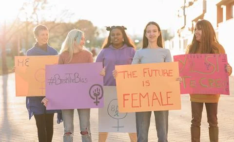 Multicultural and diversity group demonstration women international day with Stock Photos