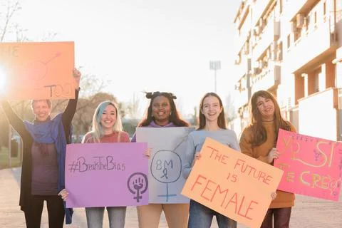 Multicultural and diversity group pride for equality demonstration women Stock Photos