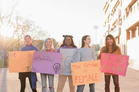 Multicultural and diversity group pride for equality demonstration women Stock Photos