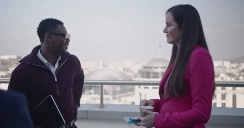 Multicultural Business Team Collaborates in a Morning Meeting on a Rooftop Stock Footage 314534824