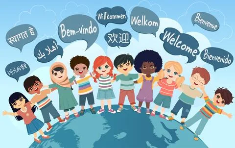 Multicultural children hugging.Speech bubbles with text -Welcome- Stock Illustration