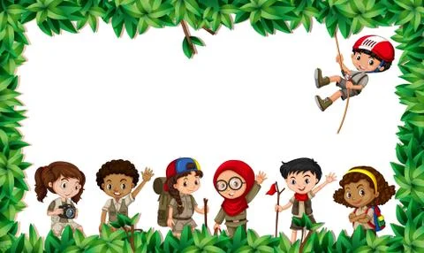 Multicultural children in leaf scene Illustrazione stock