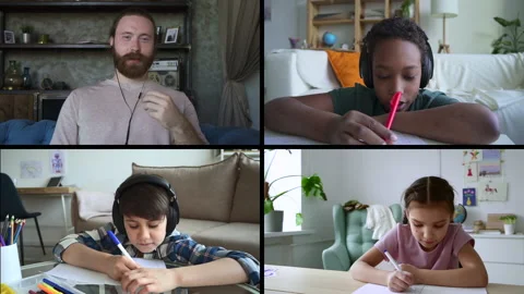 Multicultural children studying and writing, teacher speaking during online call Stock Footage 169863035