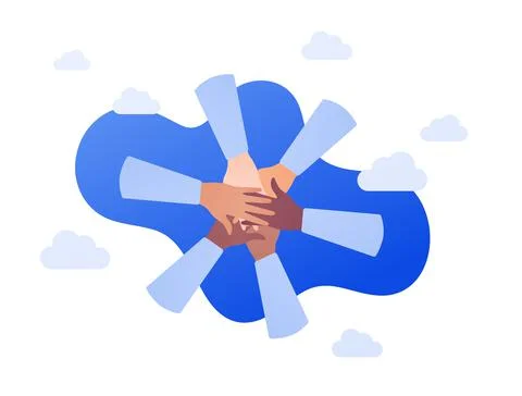 Multicultural circle of human hands on blue sky background Stock Illustration