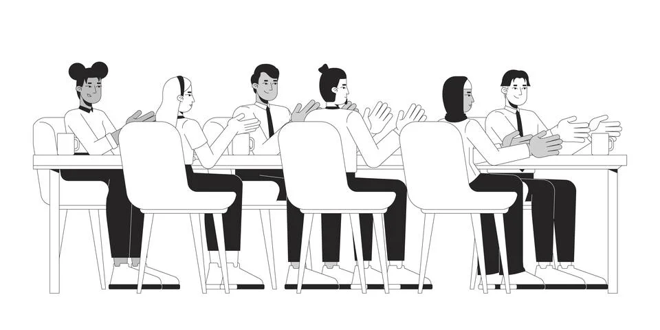 Multicultural colleagues clapping applauding at table bw 2D line characters Stock Illustration