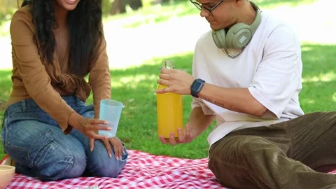Multicultural Couple pouring orange juice at a picnic in a park Stock Footage 314337815