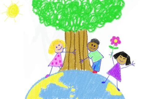 Multicultural crayon children caring for the earth Stock Illustration