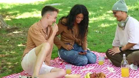 Multicultural Friends enjoying picnic and sharing funny content on smartphone Stock Footage 314337827
