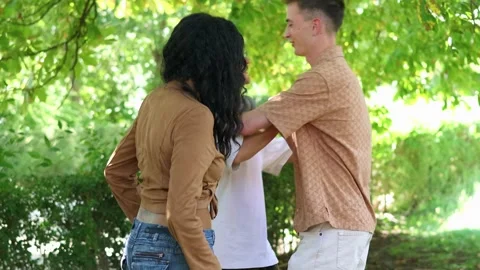 Multicultural Friends greeting and hugging in the park Stock Footage 314337848