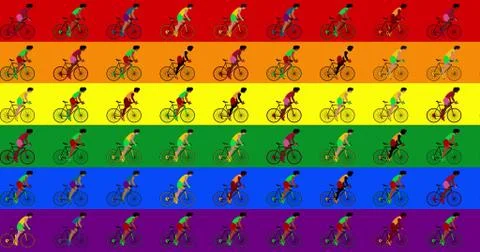 Multicultural group cyclists are riding bicycles lgbt flag background. Cartoo Stock Illustration