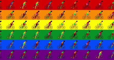 Multicultural group cyclists are riding bicycles lgbt flag background. Cartoo Stock Illustration
