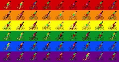 Multicultural group cyclists are riding bicycles lgbt flag background. Cartoo Stock Illustration