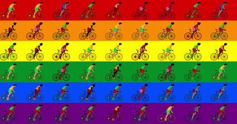 Multicultural group cyclists are riding bicycles lgbt flag background. Cartoon Stock Illustration