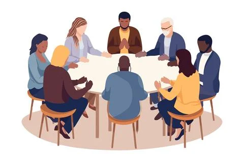 Multicultural group gathers at table for joint prayer. Men and women seekin.. Stock Illustration