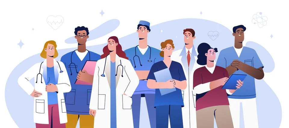 Multicultural group of happy doctors, nurses or smiling medical team in hospital Stock Illustration