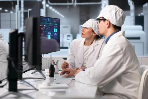 Multicultural Group Operates Machinery At High-tech Manufacturing Facility. Stock Photos